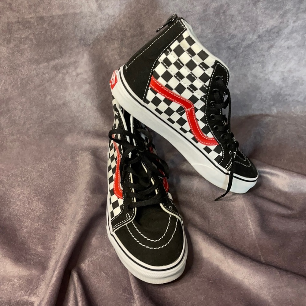 Vans Black, Red, White Checkerboard Zip Up High Tops.